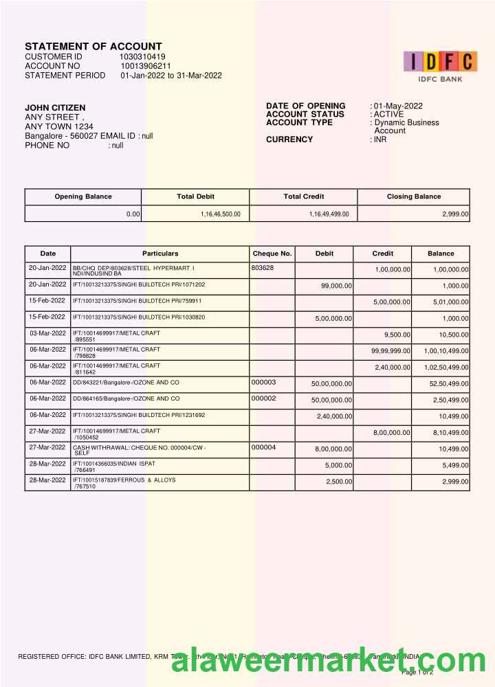 INDIA IDFC First bank statement template, Word and PDF format, version 2